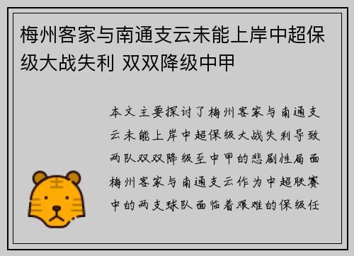 梅州客家与南通支云未能上岸中超保级大战失利 双双降级中甲